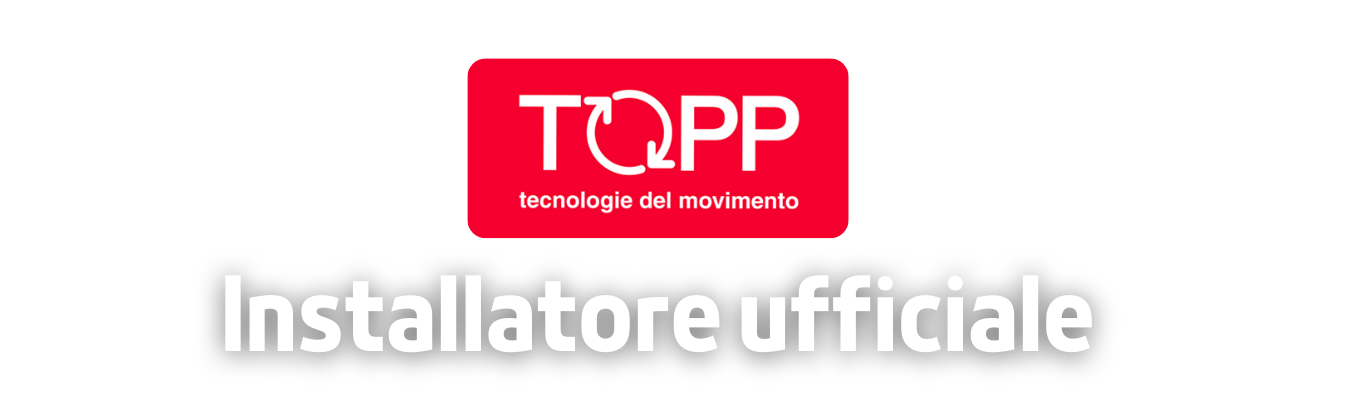 Fabbrica, installazione, manutenzione di porte automatiche TOPP AUTOMAZIONI. Installazione e manutenzione automatismi per ingressi carrabili e pedonali. Cancelli a battente, scorrevoli, barriere veicolari, porte sezionali, basculanti, serrande, FAAC, BFT, CAME, TOPP, NICE, GEZE, GENIUSS, DITEC, ENTREMATIC, MANUSA, TRELINEA, PA,